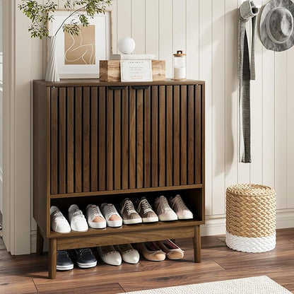 Shoe Storage Cabinet with Adjustable Shelves, Wooden Shoe Organizer, Shoes Rack for Entryway, Hallway, Living Room (Walnut, 27.56" W)