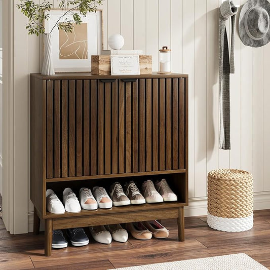 Shoe Storage Cabinet with Adjustable Shelves, Wooden Shoe Organizer, Shoes Rack for Entryway, Hallway, Living Room (Walnut, 27.56" W)