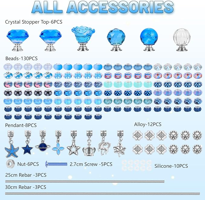 158 Pcs DIY Fairy Wand Garden Stakes Kit,Multiple Color Scheme European Beads Crystal Diamond Tops and 12 or 10 Inch Threaded Rods,Stainless Steel Stakes with Diamond Toppe(Aqua)