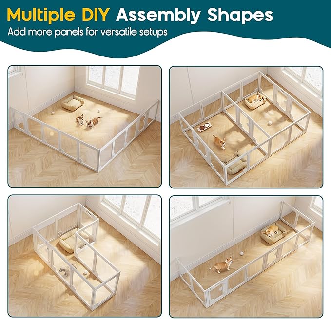 Albott Acrylic Clear Dog Playpen Indoor, Modular Puppy Cat Small Pet Play Pen with 2 Doors, Transparent Fence for Little Dogs, Cats, Rabbits, Easy Assemble and Disassemble, White (24" H, 14 pcs)