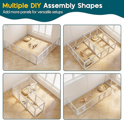 Albott Acrylic Clear Dog Playpen Indoor, Modular Puppy Cat Small Pet Play Pen with 2 Doors, Transparent Fence for Little Dogs, Cats, Rabbits, Easy Assemble and Disassemble, White (24" H, 14 pcs)