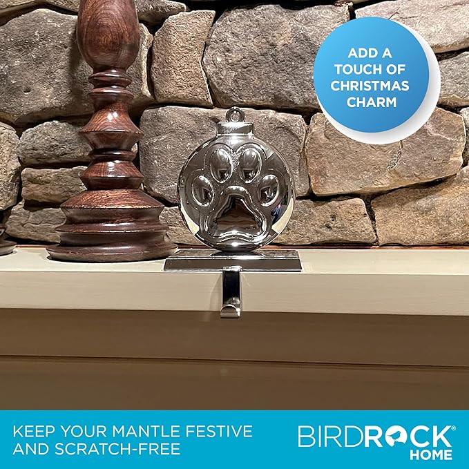 BIRDROCK HOME Christmas Stocking Holders for Mantle - Weighted Metal Hanger for Stockings & Holiday Decor - Sturdy Metal Hook for Fireplace, Staircase & Shelf - Non-Scratch Base - Dog Paw Print