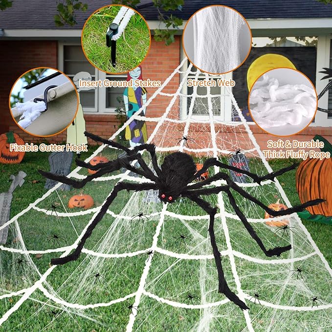 275" Halloween Triangle Spider Web and 59" Giant Spider Decorations Set with Stretch Cobweb - Halloween Party Supplies for Indoor Home Yard Patio Garden Haunted House Decor