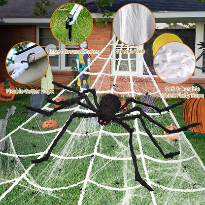 275" Halloween Triangle Spider Web and 59" Giant Spider Decorations Set with Stretch Cobweb - Halloween Party Supplies for Indoor Home Yard Patio Garden Haunted House Decor