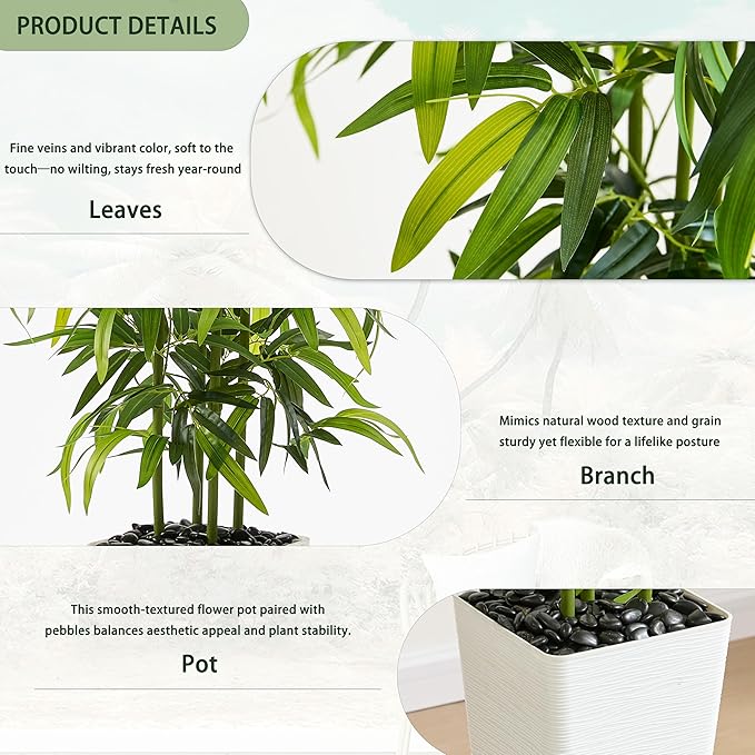 Artificial Bamboo Tree 6FT Tall Fake Plants Faux Bamboo Plant with White Tall Planter, Artificial Fake Trees Silk Plant with 5 Trunks and Lifelike Leaves for Home Office Indoor Outdoor Decor