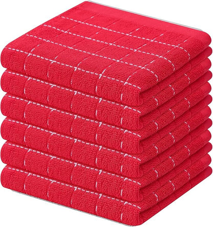 Mordimy 100% Cotton Terry Cloth Dish Cloths, Soft and Absorbent Checkered Dish Towels, Quick Drying Dish Rags for Washing Dishes, 6 Pack, 12 x 12 Inches, Red