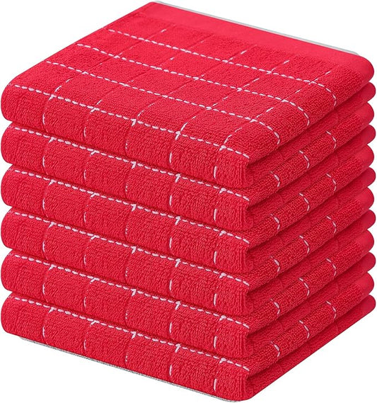 Mordimy 100% Cotton Terry Cloth Dish Cloths, Soft and Absorbent Checkered Dish Towels, Quick Drying Dish Rags for Washing Dishes, 6 Pack, 12 x 12 Inches, Red