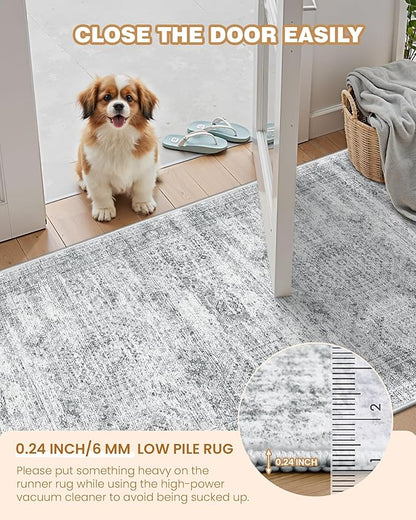 3x6 Runner Rug Non Slip, Thin Entryway Washable Rug for Entryway, Runners for Hallways, Low Pile Vintage Abstract Soft Rugs for Living Room, Kitchen, Bedroom (3'x6', Grey/Ivory)