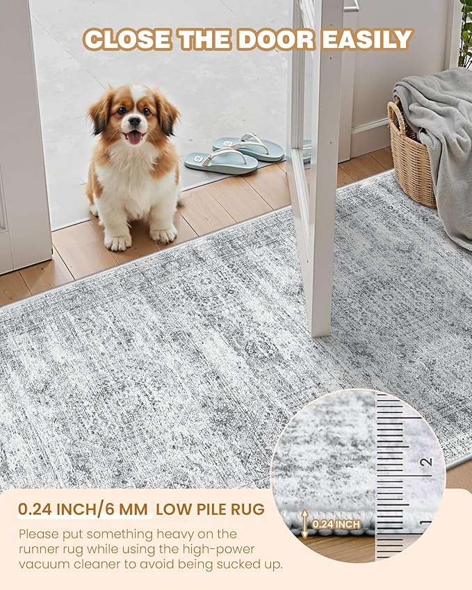 3x18 Washable Runner Rug for Hallway, Non-Slip Long Hallway Runner for Entryway, Soft Vintage Kitchen Mats for Floor, Abstract Dining Room, Bedroom, Living Room Rugs(3'x18', Grey/Ivory)