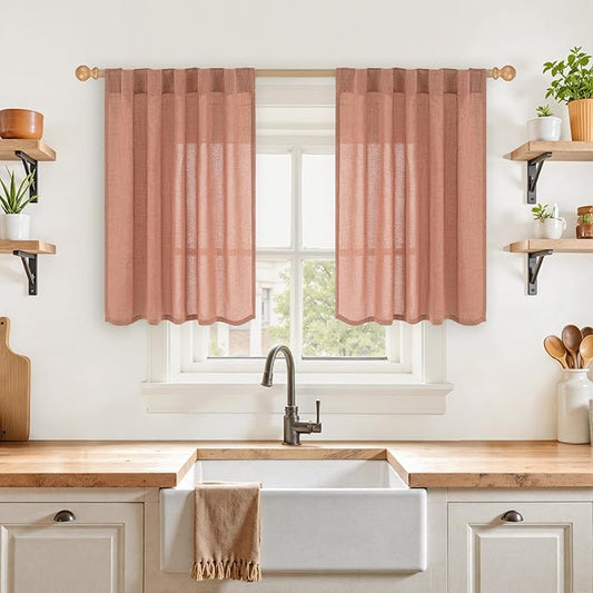 YoungsTex Short Terracotta Linen Curtains 36 Inch Length, Burnt Orange Kitchen Window Drapes with Rod Pocket Back Tab Semi Sheer for Cafe Bathroom Windows, 2 Panels, 42 X 36 Inch
