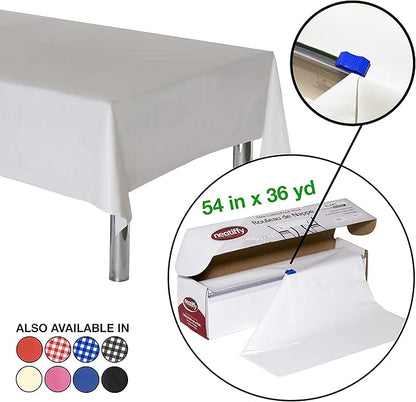 Neatiffy Disposable Plastic Table Cloth Roll | 54 in x 108 Ft Waterproof Tablecloth | Table Cover for Rectangle, Square, Round Oval Tables | Picnic, Party, Banquet, Birthdays, Weddings - White