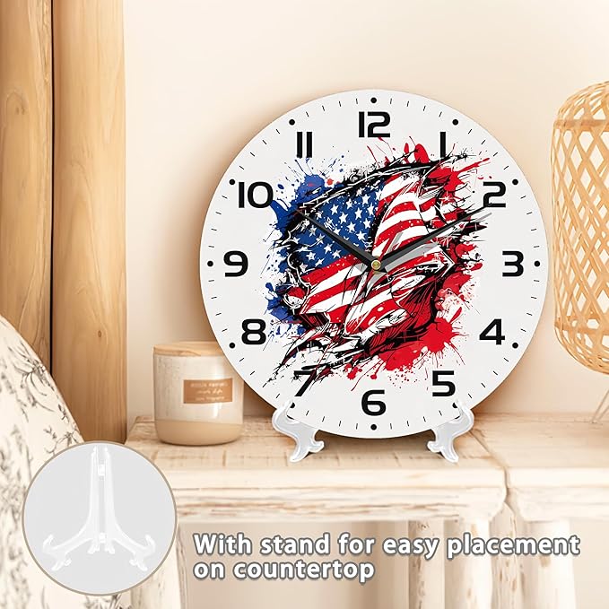 American Flag Street Art Style Wall Clock Silent Non-Ticking Battery Operated Clock 10 Inch, Home Decor for Living Room, Kitchen, Bedroom and Office