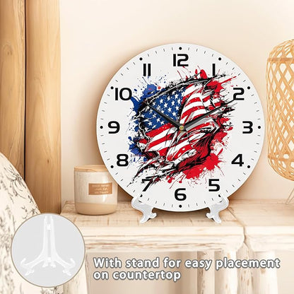 American Flag Street Art Style Wall Clock Silent Non-Ticking Battery Operated Clock 10 Inch, Home Decor for Living Room, Kitchen, Bedroom and Office