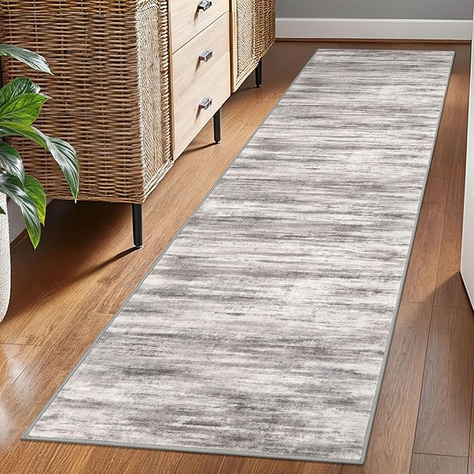 KOZYFLY Modern Abstract Washable Rug Runner 2x7 Hallway Runner Rug Non-Slip Soft Kitchen Runner Rugs, Print Grey-Beige Striped Carpet Runner for Entryway Bathroom Laundry Room Foyer