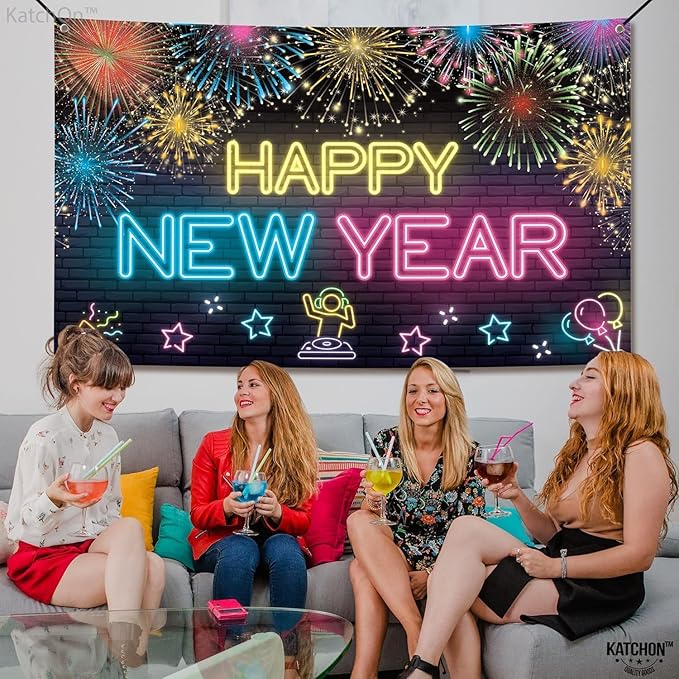 KatchOn, XtraLarge Neon Happy New Year Banner - 72x44 Inch | Neon New Year Backdrop 2026 | New Years Decorations 2026 | NYE Eve Banner For NYE Decorations 2026 | New Years Eve Party Supplies 2026