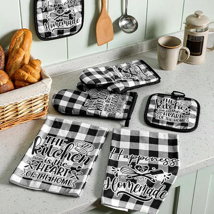 Sratte 6 Pcs Kitchen Decor Accessories Set Farmhouse Towels Pot Holders Oven Mitts Set 2 Dish Towels 2 Potholders 2 Cooking Mittens Oven Glove for Christmas Baking Cooking Supply(Black White,Kitchen)