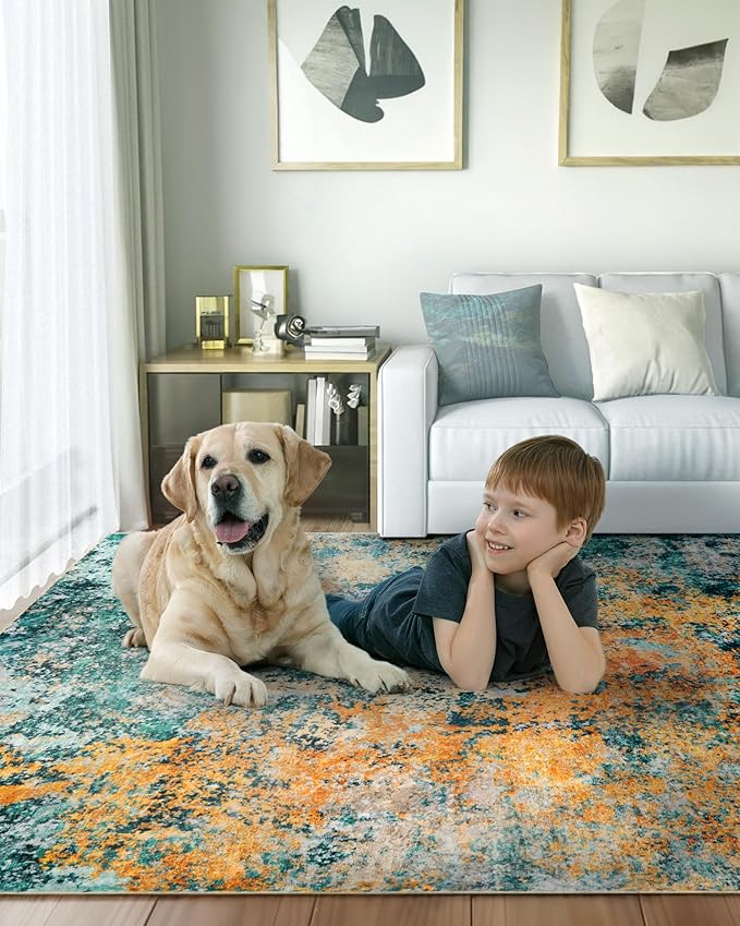 AUKOW 9x12 Area Rug for Living Room - Washable Rugs Modern Abstract Neutral Soft Rug for Bedroom Dining Room No Slip Low Pile Carpet for Nursery Home Office - Teal/Orange