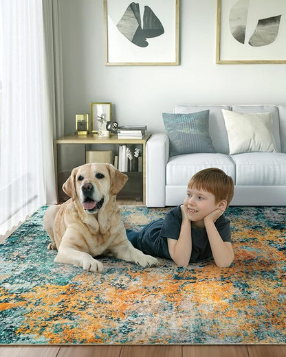 Washable Area Rug for Living Room: 6x9 Modern Abstract Neutral Soft Rug for Bedroom Dining Room No Slip Low Pile Carpet for Nursery Home Office - Teal/Orange