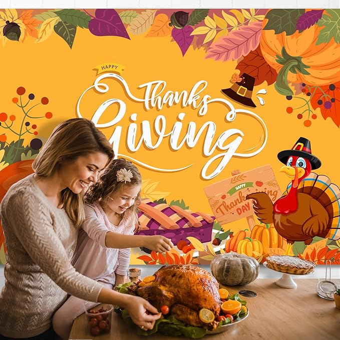 Thanksgiving Backdrop, 84" x 60" Orange Polyester Thanksgiving Banner with Pumpkin, Maple Leaf & Turkey Design, Great for Photo Booth, Wall Decor, Party Supplies