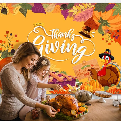 Thanksgiving Backdrop, 84" x 60" Orange Polyester Thanksgiving Banner with Pumpkin, Maple Leaf & Turkey Design, Great for Photo Booth, Wall Decor, Party Supplies