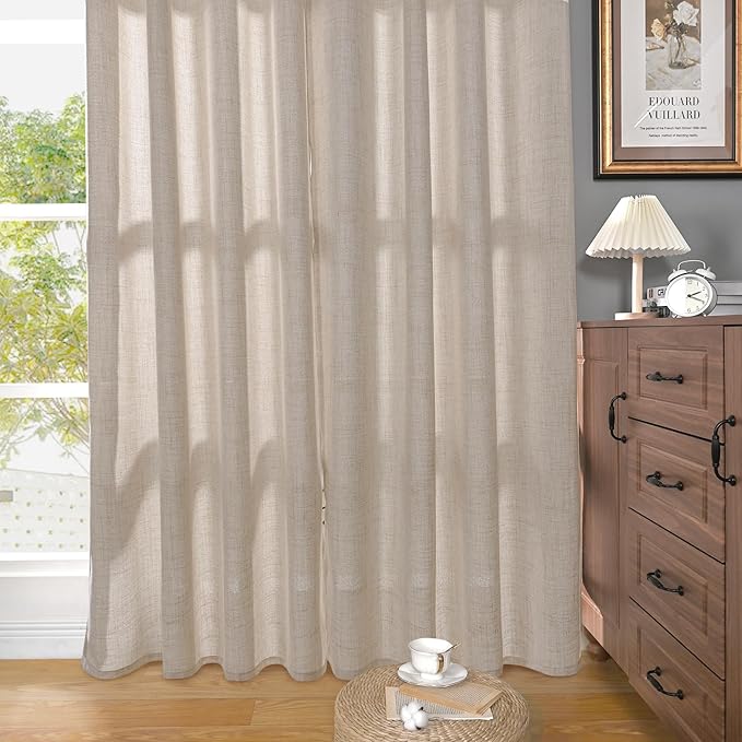 YoungsTex Linen Curtains 80 Inches Length 2 Panels for Living Room, Semi Sheer Drapes with Bronze Grommet Light Filtering for Living Room Bedroom Rustic Farmhouse Lightweight, 52 x 80 Inch
