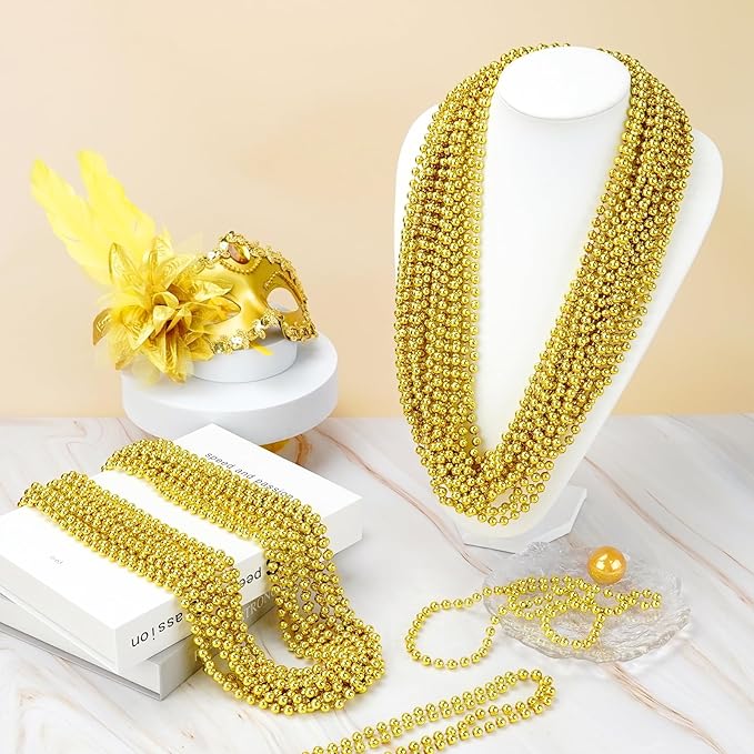 YAXINRUI 144 PCS Gold Mardi Gras Beads, Gold Bead Necklaces, Christmas Bead Necklaces, 33 Inch Round Beaded Necklace for Mardi Gras Party Christmas New Year Eve Festive Events, Party Favors