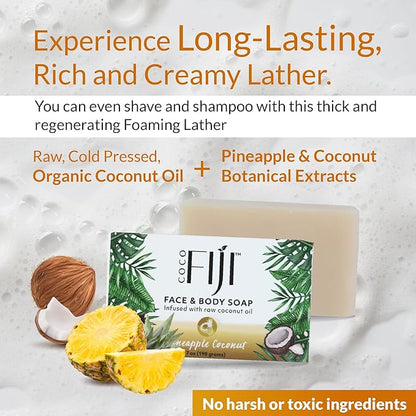 "Coco Fiji Soap Bar for Face and Body Infused With Organic Coconut Oil, Pineapple Coconut Essential Oil, Natural Soap for Moisturizing & Pore Purifying Skin, 7 oz, Pack Of 2 "