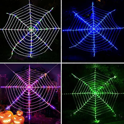 184 LED Halloween Spider Web Lights Decor, 3.6 m Giant Round Net Lights with Remote Control (8 Modes & Timer), Net Light Decoration for Window Garden Indoor Outdoor - Blue