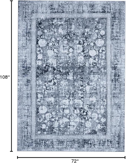Area Rug 6×9, Large Vintage Boho Rug,Ultra-Soft Low Pile, Washable, Non Slip,Stain Resistant, Printed Carpet for Living Room Bedrooms Playroom Office Kitchen, Solid/Blue