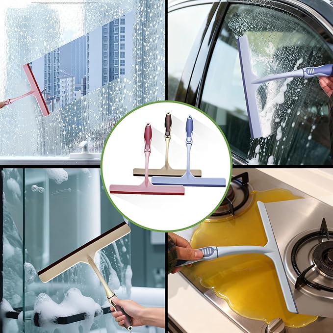 3Pcs Hand Squeegee for Shower Glass - Durable Rubber Grip,Flexible Silicone Blade, with 3 Adhesive Hooks Lightweight Ergonomic Shower Squeegee for Glass Doors, Windows, and Tiles
