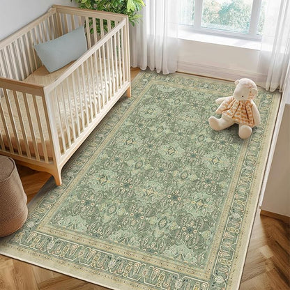 Boho Sage Green 6x9 Area Rug, Non Slip Washable Rugs for Living Room Bedroom Low Pile Thin, Floral Moroccan Pattern Printed Carpet Rug for Dining Room Home Office Nursery Playroom