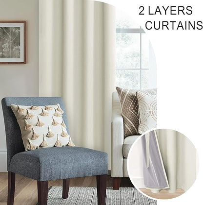 XWZO 100% Blackout Window Curtains - Thermal Insulated & Completely Room Darkening Black Liner Window Treatment with Tiebacks for Bedroom/Living Room, Ivory Beige, W52 x L108, Set of 2 Panels