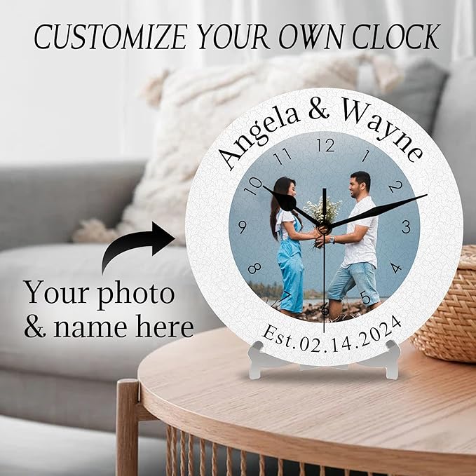 Custom Family Wall Clock with Photo Name Date, Personalized Picture Wall Clocks for Living Room Kitchen Bathroom Decor Custom Gift for Couples, Christmas Birthday Wedding Valentine Gifts