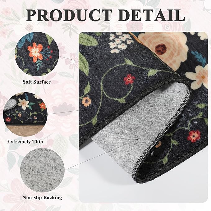 DUKINO 2x8 Runner Rug for Hallway, Washable Kitchen Runner Rug with Rubber Backing Non Slip, Low Pile Soft Boho Floral Thin Carpet for Entryway, Hallway, Bathroom, Laundry Room, Black