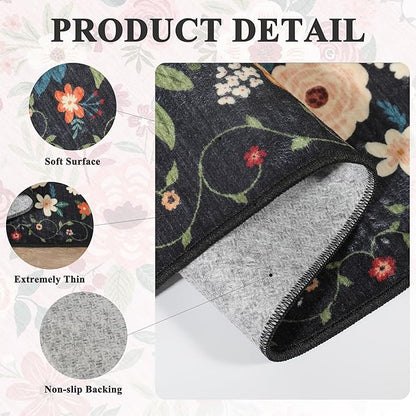 DUKINO 3x10 Runner Rug for Hallway, Washable Kitchen Floral Runner Rug with Non Slip Backing, Low Pile Soft Boho Carpet for Kitchen, Hallway, Entryway, Laundry, Bedroom, Black