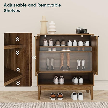 Shoe Storage Cabinet with Adjustable Shelves, Wooden Shoe Organizer, Shoes Rack for Entryway, Hallway, Living Room (Walnut, 27.56" W)