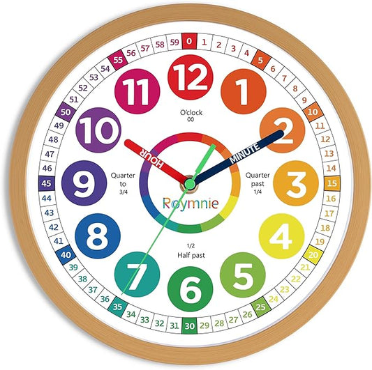 Wall Clock 10 Inch for Kids Learning Easily Kids Teaching Clock Analog Silent Non Ticking Battery Operated Colorful Teaching Time Clock Decorative for Kids Room Kitchen School