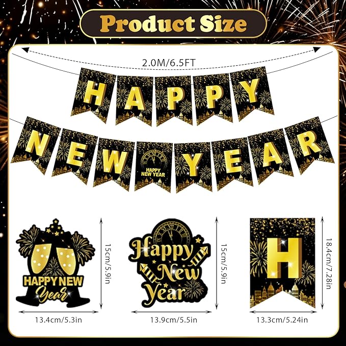 Happy New Year Banner & Hanging Swirls, 2026 Black and Gold Happy New Years Paper Banner Ceiling Swirl Streamers for New Years Eve Party Supplies