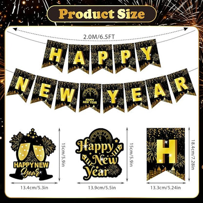 Happy New Year Banner & Hanging Swirls, 2026 Black and Gold Happy New Years Paper Banner Ceiling Swirl Streamers for New Years Eve Party Supplies