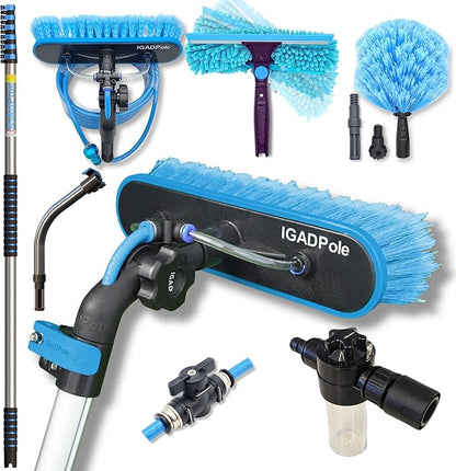 28ft IGADPole Washing Kit: Water-fed Brush, Cobweb Duster and 10” Squeegee and Soap Dispenser, Window Cleaning Pole, Water Fed Telescopic Brush, Window Cleaner Kit, Blue