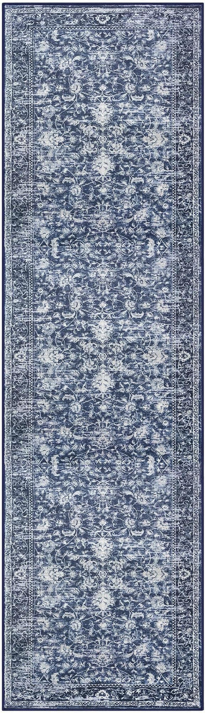 KILOCOCO Runner for Hallway 3x12 Runner Rug Printed Vintage Floral Washable Rug Kitchen Runners Soft Non-Slip Low Pile Hallway Runners Laundry Room Distressed Boho Rugs, Blue