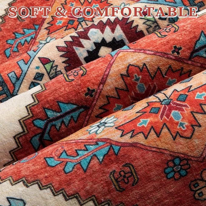 SERISSA 4x6 Boho Bedroom Rug, Washable Non Slip Vintage Orange Area Rugs, Ultra Soft Print Distressed Tribal Entry Rug Low-Pile Throw Carpet for Nursery Dorm Kitchen Living Room Decor