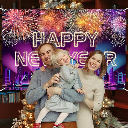 Happy New Year Banner 2026 Purple New York City Night View Manhattan Backdrop Retyshia Sparkling Fireworks Happy New Year Decorations Banner for NYE Party Photo Booth 5.9×3.6 Ft (Polyester)