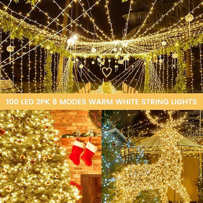 2 Pack String Lights Battery Operated with Timer, 66FT 200 LED Waterproof Battery Twinkle Lights, 8 Modes Fairy Light for Indoor & Outdoor Party Bedroom Garland Tree Christmas Decorations (Warm White)