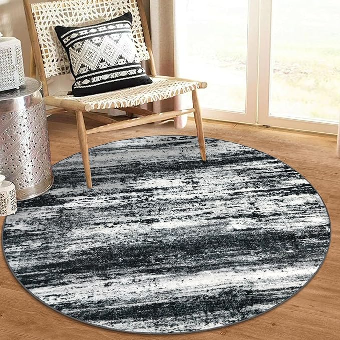 KOZYFLY Modern Abstract Round Area Rug 3Ft, Washable Kitchen Rug Non-Slip Soft Small Bathroom Circle Rug, Black Navy Blue Grey Striped Entryway Rugs Faux Wool Doormat for Bedside Entrance Sink