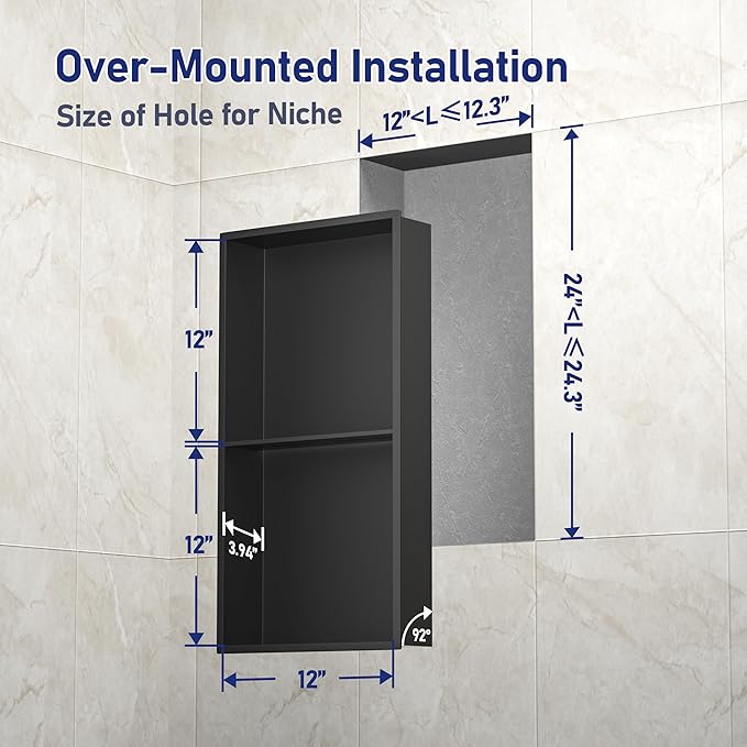 Stainless Steel Shower Niche 24" X 12" Matte Black No Tile Needed Niche Shower with Double Shelves Recessed Wall Niches for Bathroom Space Saving Over Mount Installation