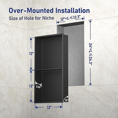 Stainless Steel Shower Niche 24" X 12" Matte Black No Tile Needed Niche Shower with Double Shelves Recessed Wall Niches for Bathroom Space Saving Over Mount Installation