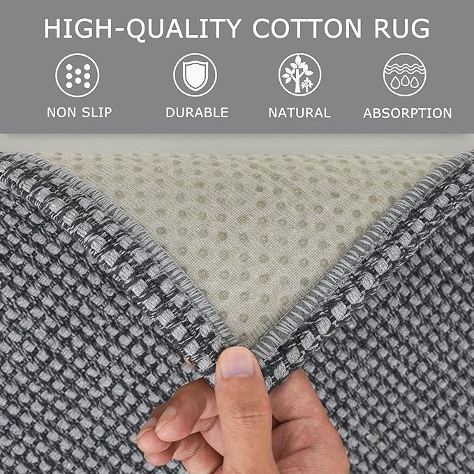 KOZYFLY Long Runners for Hallways 2x12 ft Washable Kitchen Runner Non Slip Rubber Backed Hallway Rugs Cotton Entryway Runner Rug Floor Carpet for Indoor Hall, Backdoor, Kitchen, Grey/Dark Grey