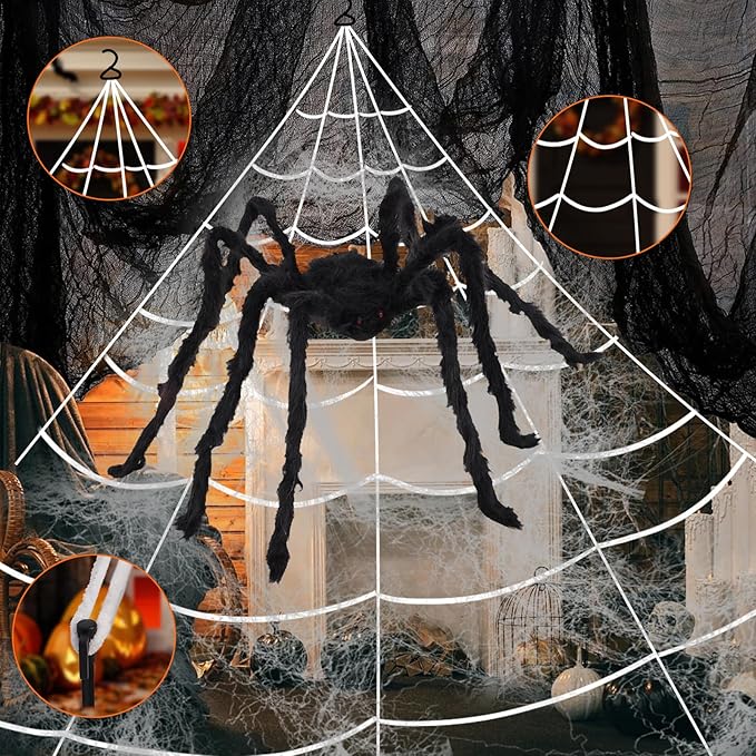 Spider Webs Halloween Decorations,16.4Ft 8Modes Super Bright 250LED Halloween Lights with Remote Control,49'' Giant Glowing Super-Realistic Spider,Halloween Decorations for Yard,Outside