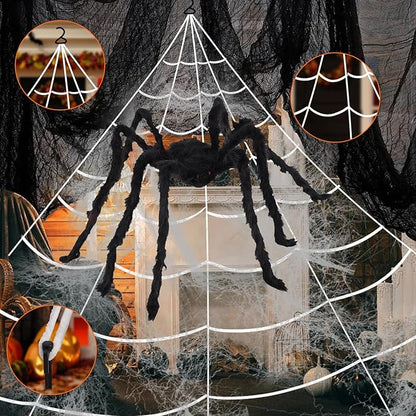 Spider Webs Halloween Decorations,16.4Ft 8Modes Super Bright 250LED Halloween Lights with Remote Control,49'' Giant Glowing Super-Realistic Spider,Halloween Decorations for Yard,Outside
